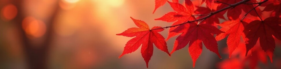 Crimson red maple leaves cluster on branch, autumnal sunlight , tree branch, nature