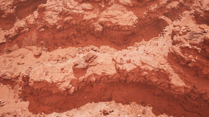 Vivid red rock formations create intricate patterns on the ground. The warm hues of sunset enhance the natural beauty of the landscape. A sense of calmness fills the air.