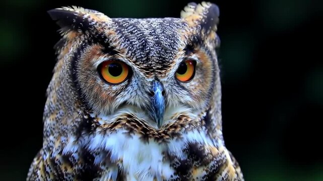 Great Horned Owl close-up, hooting in a dark forest. Education wildlife