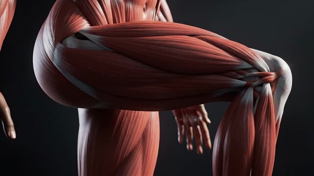 Cinematic orbital shot of human sartorius muscle anatomy
