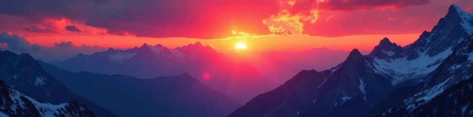 Crimson sun dips below jagged mountain tops, clouds ablaze , sun, silhouette, cliff