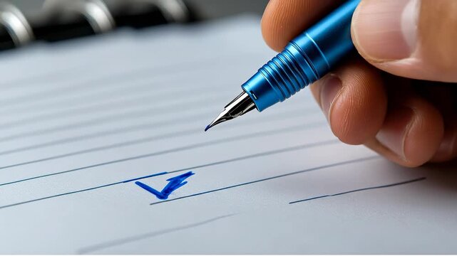 Writing a checklist on paper with pen. A hand holds a blue pen while marking a box on lined paper during a task or planning session.