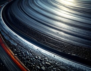 Close-up of a dark, curved asphalt road with wet reflective surfaces