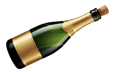 Green champagne bottle with gold foil isolated on transparent background