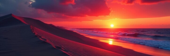Crimson sun dips below Pacific, casting long shadows on dunes , photography, sunset, evening