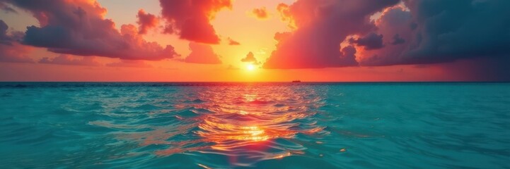 Crimson sun dips below turquoise Caribbean waters, leaving fiery sky , sky, image, paradise