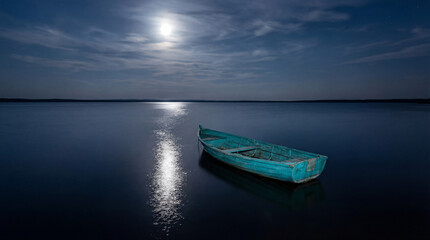 An ethereal nightscape painting a portrait of serene beauty, as a solitary rowboat bobs gently on the tranquil waters, reflecting the radiant glow of the moon.