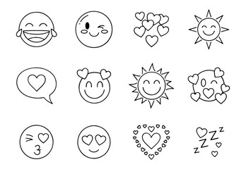 Hand Drawn Set of Cute Love Emoticons and Happy Faces Black and White