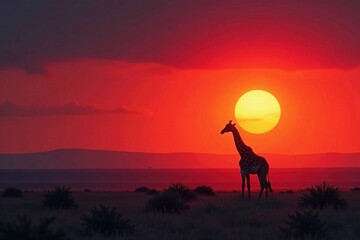 Crimson sun rises over vast plains, lone giraffe silhouette, atmosphere, savanna landscape