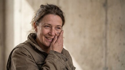 Fototapeta premium A portrait of a woman radiating pure joy and contentment, captured with soft lighting.