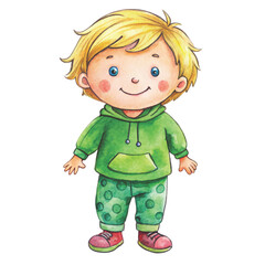 A simple hand-drawn child&rsquo;s drawing of a blonde boy with messy hair, wearing a bright red hoodie, pants, and small sneakers vector