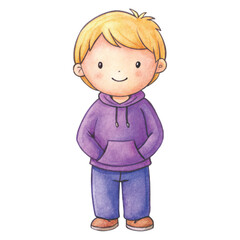 A simple hand-drawn child&rsquo;s drawing of a blonde boy with messy hair, wearing a bright red hoodie, pants, and small sneakers vector