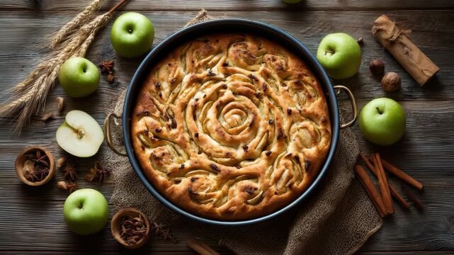 Baking an apple pie in a kitchen with fresh ingredients and tools