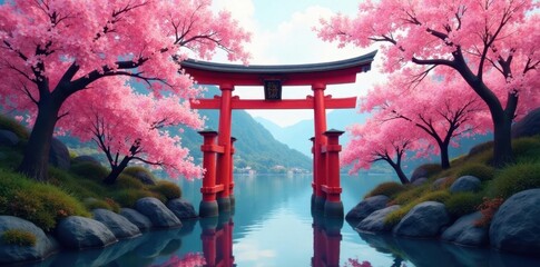 Crimson torii gate amidst vibrant pink sakura blossoms, serene landscape , cherry blossoms, symbolic