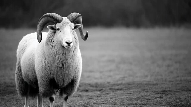 Black and white ram with large horns looking at camera