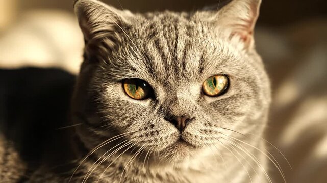 A close-up portrait of a cute domestic tabby kitten with striking green eyes and long whiskers looking forward as the striped grey feline face fills the frame