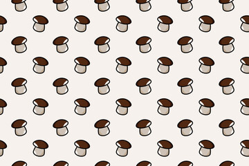 Seamless pattern of cartoon mushrooms with brown caps and beige stems on a light background. Playful nature themed design ideal for textiles, wallpapers, packaging, stationery, and modern decorative