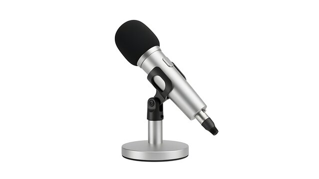 Silver Desktop Microphone with Stand on White Background.
