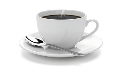 Obraz premium A steaming cup of hot coffee on a saucer with a spoon.