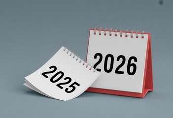 Two desk calendars, one standing displaying 2026 and another lying with 2025 showing on a turned page, against a solid grey background.
