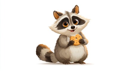 Cartoon raccoon holding snack isolated on white background illustration