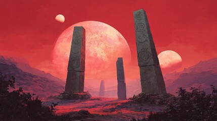 Ancient monoliths carved with alien glyphs rise from a crimson planet's surface, pulsing with forgotten energy beneath a triple sunset. 