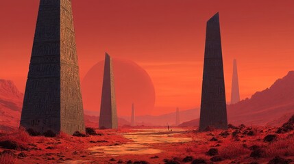 Ancient monoliths carved with alien glyphs rise from a crimson planet's surface, pulsing with forgotten energy beneath a triple sunset. 