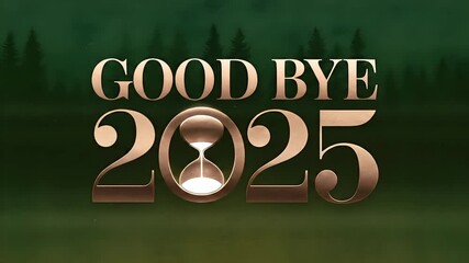 Good Bye 2025 Metallic Bronze Text on Dark Forest Green Background