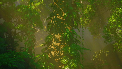 Sunlight streams softly through thick foliage, illuminating a forest filled with vibrant greenery. Shadows dance on the bark of tall trees, creating a serene atmosphere.