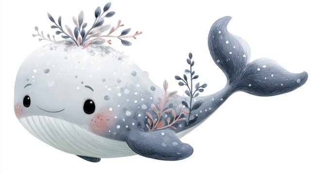 Cartoon whale illustration with floral elements and spots on a white background