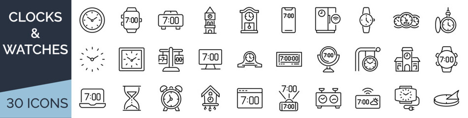 Set of 30 outline icons related to clock. Linear icon collection. Editable stroke. Vector illustration