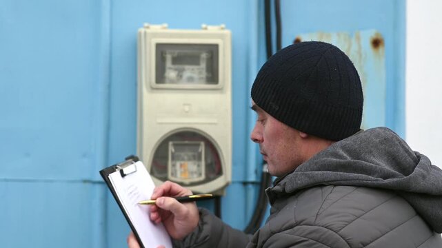 Utility worker recording electricity meter readings on clipboard. Technician documenting power consumption for energy monitoring and billing, close-up of hands and professional equipment outdoors.
