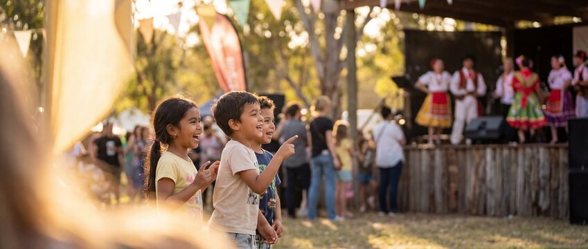 Joyful children witness traditional dance performance at a vibrant outdoor festival, embraced by warmth of the festive atmosphere.