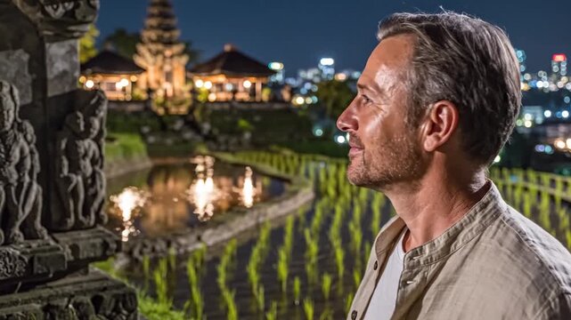 Man Poses Next to Balinese Temple Overlooking Rice Terraces at Night with Cityscape Backrop in Beige Shirt and White Undershirt with Reflective