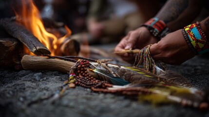 Around the fire, nimble hands weave beads and feathers into sacred patterns, each thread telling a story, each color echoing the memory of the land and its people.