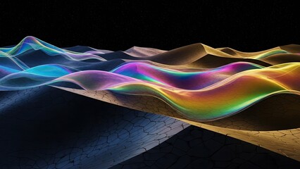 Abstract colorful wave formations over cracked desert terrain under dark night sky with surreal
