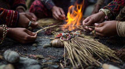 Around the fire, nimble hands weave beads and feathers into sacred patterns, each thread telling a story, each color echoing the memory of the land and its people. 