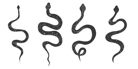 Celestial set kundalini snake magic line tattoo. Boho mystic snake with moon stars. Black serpent silhouette.symbol of spiritual awakening, vitality and inner peace. © Alyona
