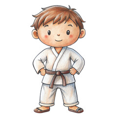 A messy toddler crayon drawing of a boy with blonde hair wearing a white karate gi and black belt vector
