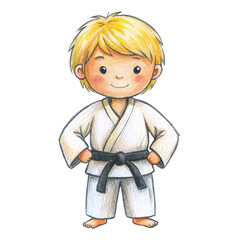 A messy toddler crayon drawing of a boy with blonde hair wearing a white karate gi and black belt vector
