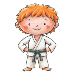 A messy toddler crayon drawing of a boy with blonde hair wearing a white karate gi and black belt vector
