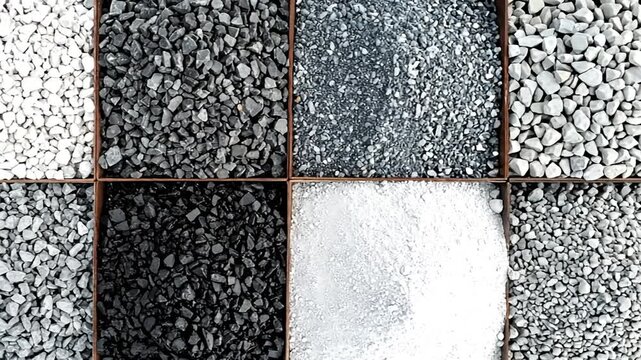 A close-up showing six rectangular containers, each filled with different types of gravel and fine powder