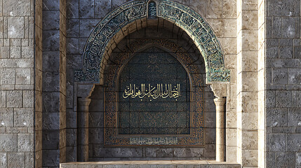A stone archway frames a dark, ornate plaque with golden Arabic calligraphy. The surrounding stonework and subtle tile accents highlight the sacred text’s prominence in Islamic architecture