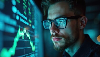 Man with glasses studies glowing stock market graph on monitor. Digital data displays on screen. Finance trader analyzes trading charts. Future investment strategy. Business success.
