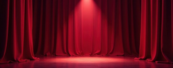 Crimson velvet stage curtains, single spotlight illuminates center, scene, spotlight beam