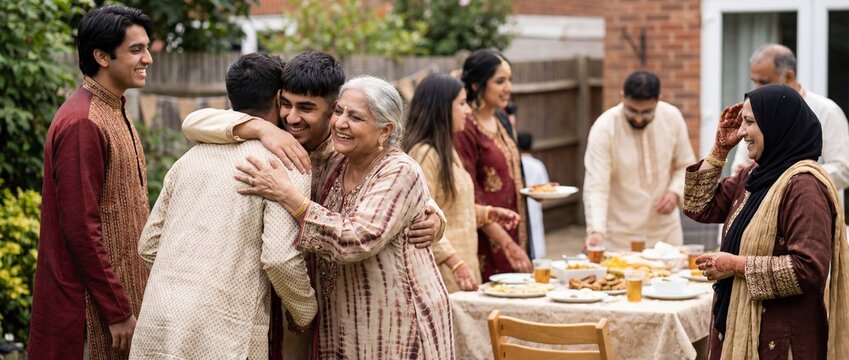 A Warm family gathering in an outdoor setting, where multiple generations of people are enjoying an outdoor meal. A family is embracing. capturing the moments of shared meal and social bonding.