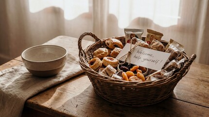 A charming still life presents a rustic wicker basket brimming with delectable treats. A welcoming note sits alongside the basket on a warm wooden table. The scene is bathed in soft, natural light.