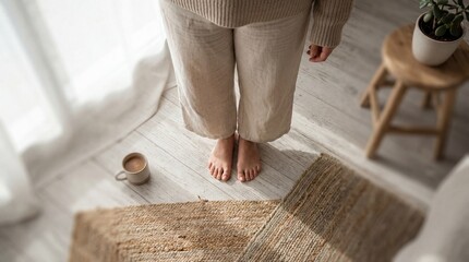 A tranquil morning scene shows a person's bare feet standing on a soft rug, with a cup of coffee. capturing the serenity and peacefulness.