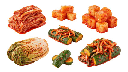An assortment of vibrant and flavorful Korean kimchi variations on a clean white background, showcasing different textures and presentations of this