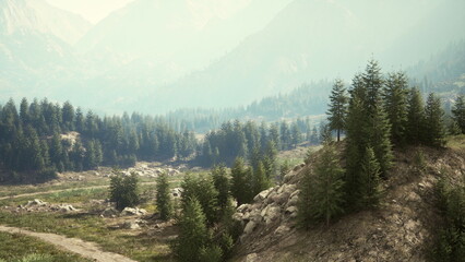 A tranquil scene unfolds in a vast mountain landscape, where lush green forests meet soft rolling hills. The light casts a gentle glow on the rocky terrain, inviting peace.